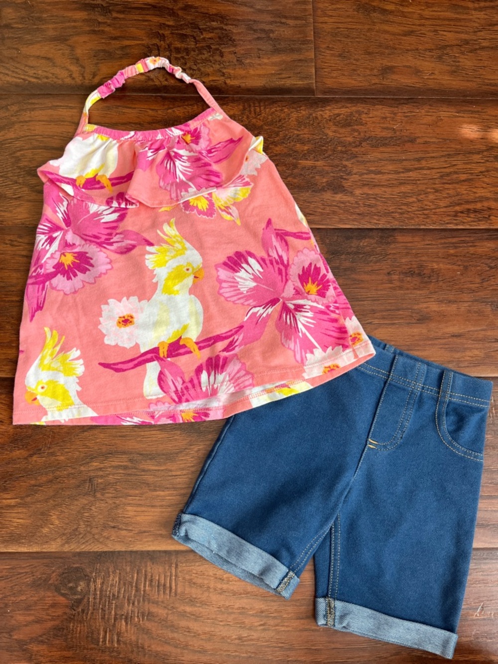 ⭐️⭐️ PICK 5 / $20 Girls Pink Floral & Cockatoo Halter Top with Denim Shorts